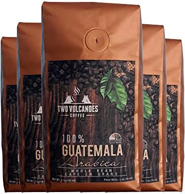 Two Volcanoes Whole Bean Coffee - Guatemalan Organic, Gourmet & Rare, Single Origin Coffee Beans. The Best Arabica Medium Roasted Beans From Guatemala. Great for Espresso or as a Gift. Five 16 oz Bags