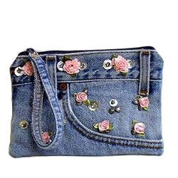 Denim Purse with Pink Flower Crafted from Vintage Denim, 7 1/2 x 5 1/2