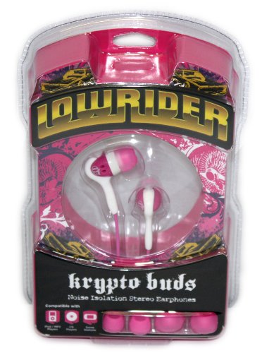 51pyGGyYx5L Lowrider Krypto Buds Noise Isolation Stereo Earphones Pink/White LWD KPB3 As seen in and inspired by Lowrider Magazine   Tangle Free Wires For Ipad, Ipod Touch, Nano, Classic, MP3 Players, Game Stations