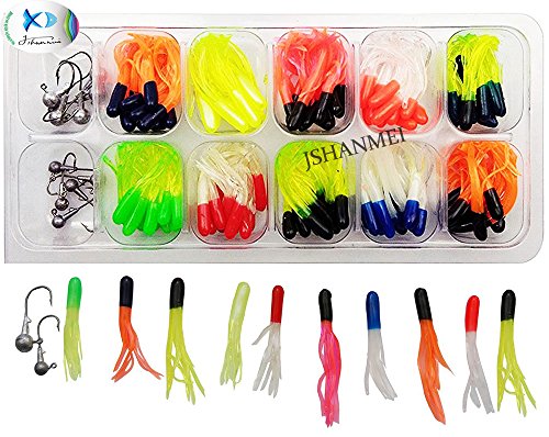 JSHANMEI 110pcs/Lot Soft Lures Jig Head Hooks Set Mixed Color Long Tail Smell Worms Bait Artificial Jigging Lure Lead Head Hook Set With PVC Box