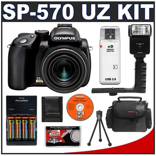Olympus SP-570 UZ 20x Ultra Zoom 10MP Digital Camera + High Power Bounce Flash with Grip + 4 AA Rechargeable Batteries with Charger + Digital Camera Case + Cameta Bonus Accessory Kit