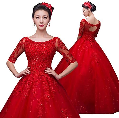 Ball Gown Crystal Half Sleeve Sweep Train Wedding Gown Dresses Bride Dresses Red US 10