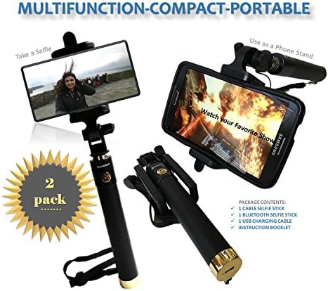 Premium (2-Pack) Bluetooth Selfie Stick &amp; Wired Selfie Stick Extendable with Built in Remote and Adjustable Phone Holder the Best Self-Portrait Monopod for iPhone, Samsung Galaxy &amp; Android Phones
