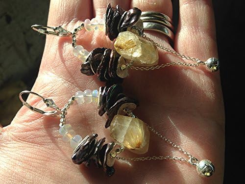 Golden Angel Earrings. Long, Bohemian, Boho, Jingle Bells, Organic, Rutalated Quartz, Ethiopain Opal, Keshi Pearls, Hill Tribe Silver, Leverback