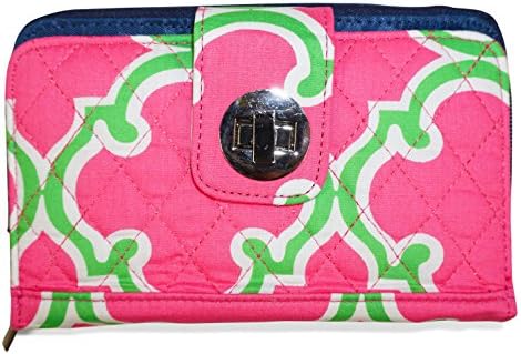 Turn Lock Quilted Double Zip Around Wallet, Quatrefoil (Navy Pink Green)