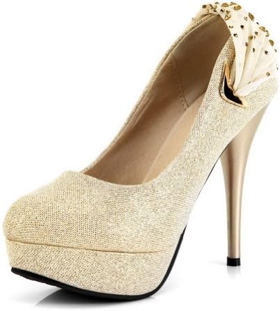 Kvoll Women's Stiletto Platform Chiffon Frosted Pumps with Zircon,Gold,37