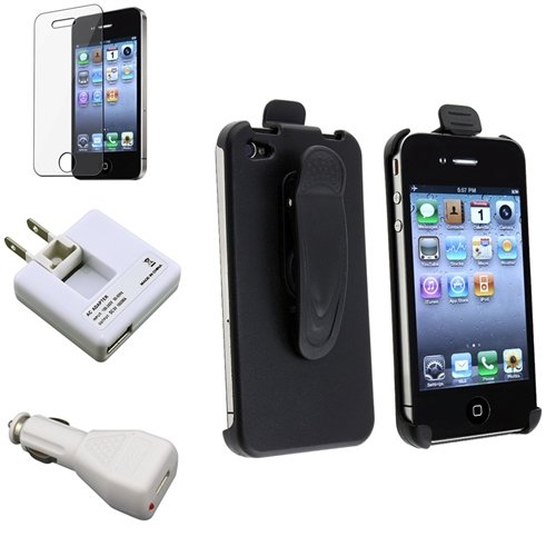 eForCity 1 x Swivel Holster + 1 x USB Travel Charger Adapter White ( Foldable ) + 1 x USB Car Charger Adapter White Compatible With Apple� iPhone� 4, w/ FREE Reusable Screen Protector
