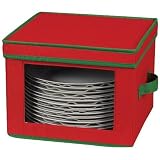 Household Essentials Dinner Plate Holiday Storage Chest,Red Canvas with Green Trim
