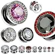 316L Surgical Steel Screw Fit Hollow Tunnels with Red Multi Gemmed Rim and Black CZ Center - 5/8