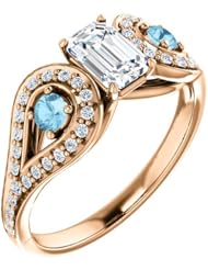 14K Rose Gold Emerald Cut Diamond and Aquamarine Ring -- LIFETIME WARRANTY