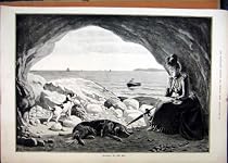 1890 WOMAN SITTING CAVE READING BOOK DOGS MAN BOAT