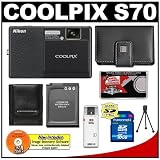 Nikon Coolpix S70 12.1MP Digital Camera (Black & Black) 3.5-inch OLED Touch Screen LCD with 5x Optical Wide-Zoom + EN-EL12 Battery + 16GB Card + Leather Case + Accessory Kit