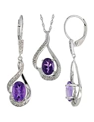 14k White Gold Dangle Earrings (19mm tall) & 18 in. Pendant-Necklace Set, w/ 0.20 Carat Brilliant Cut Diamonds & 3.64 Carats Oval Cut (7x5mm) Amethyst Stones