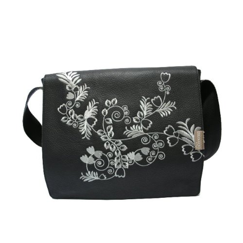 Hochwertige Ledertasche mit Wechselklappe kunstvoll bestickt schwarz