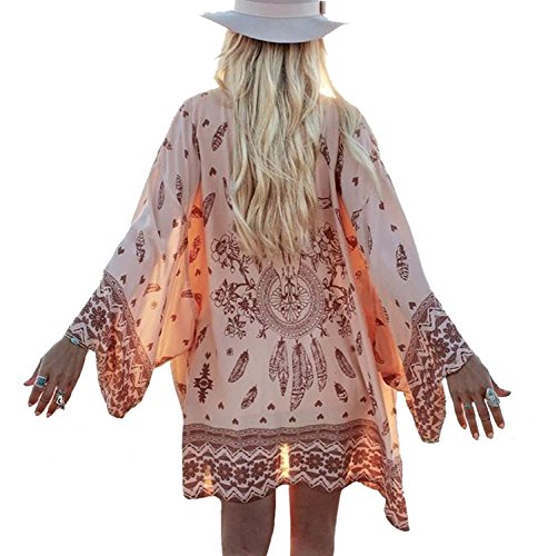 Akery Women's Beach Cover Up Tunic Chiffon Geometry Print Kimono Cardigan (S)