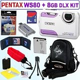 Pentax Optio WS80 10MP Waterproof Digital Camera (White and Purple) + 8GB Deluxe Accessory Kit