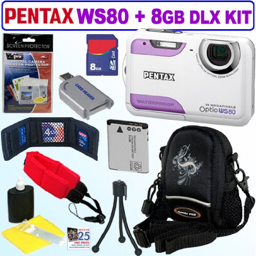 Pentax Optio WS80 10MP Waterproof Digital Camera White and Purple + 8GB Deluxe Accessory Kit