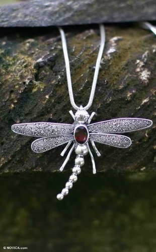 Garnet necklace, 'Enchanted Dragonfly'