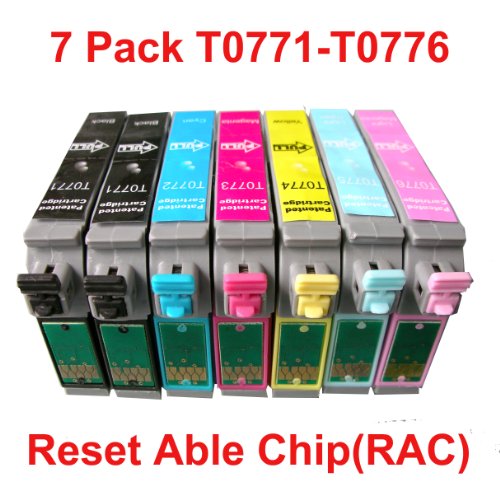 7 pack (2BK 1C 1M 1Y) US Patented Compatible Cartridges 77 T077 for Epson Stylus Photo R260, R280, R380, RX580, RX595, RX680 ... The Cartridge #77 with Reset-Able Chips (RAC).