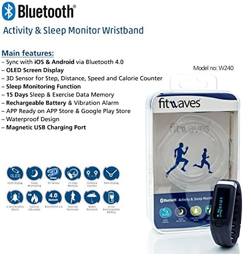 Fitness & Activity Tracker by fitWaves - Wireless Wristband Pedometer & Watch Tracks Your Steps, Sleep, Calories Burned - Apple iPhone & Android Compatible
