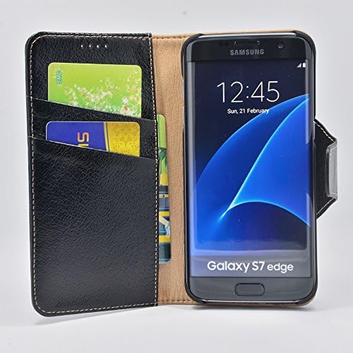 Samsung Galaxy S7 Edge Case, EMOXION Genuine Leather Case for Samsung Galaxy S7 Edge, Wallet Case Series Flip Cover Book Design with Stand Feature and Credit Card Compartments, Magnetic Closure, Black
