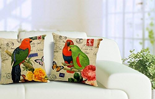 PopPhoto® 18 X 18 Inches Thick Retro Cotton and Linen Throw Pillow Cover Cushion Cover Car Cushion Pillow Case, Parrots and Flowers (004)