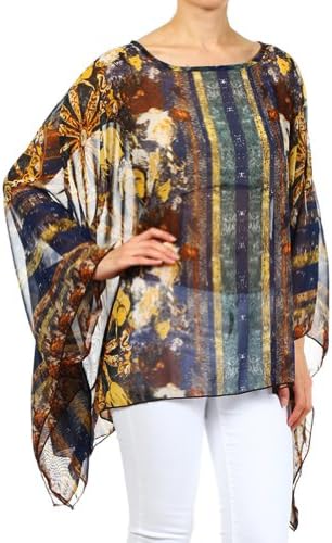 Modern Kiwi Mellow Gypsy Vertical Chiffon Print Scarf Caftan Poncho Blue One Size
