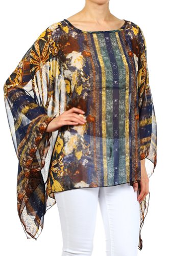 Modern Kiwi Mellow Gypsy Vertical Chiffon Print Scarf Caftan Poncho Blue One Size