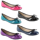 New Ladies Flat Ballerina Dolly Ballet Pumps Womens Shoes Size UK 3 4 5 6 7 8 Patent Summer Colorful Gorgeous Bow Ballerinas