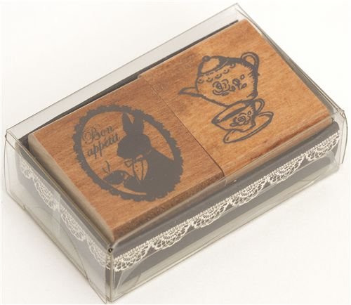 Imagen 2 de Bonito set con dos sellos de madera: conejito y servicio té