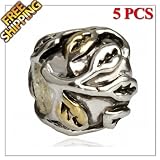 1 Buy = 5PCS Silver and Gold Plated Alloy Charm Beads, High Quality With Sterling 925 Silver Brightness, 4.5mm Threaded Core, Matching Lampwork Murano Glass Beads for European Style Bracelets and Necklaces, Well Compatible with Pandora, Troll, Biagi, Caprice, Dione Chains