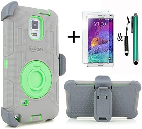 Cellular360 Ultra Shock&Drop-Proof Dust Proof Protective Case and Face-in and Out Holster for Samsung Galaxy Note 4 ( Released in 2014) - Extremely Protective Dual layer Case with 360 Degrees Swivel Ring Kickstand and Rugged Holster 1 Headphone Jack Mini Stylus , 1 Regular Sized Stylus and 1 Anti-Glare Fingerprints Free Screen Protector (Grey and Green)