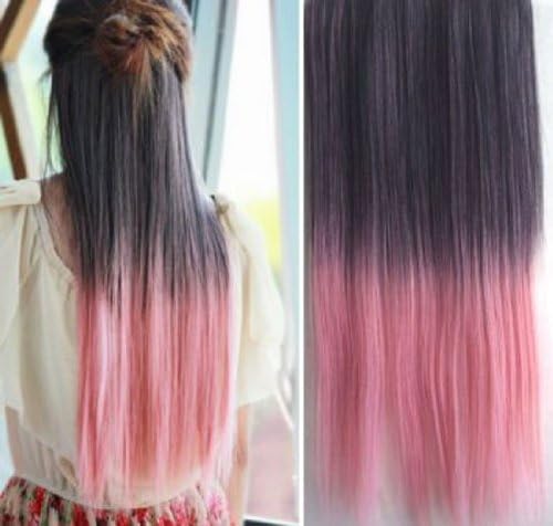 One Piece Straight Synthetic Full Head Clip in Hair Extensions Black to Dark Pink