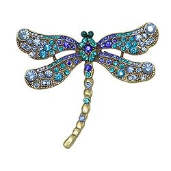 Large 4" Goldtone Blue Crystal Dragonfly Brooch Pin or Pendant