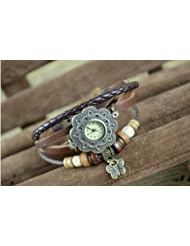 KANO BAK(TM) Vintage Wrap Around Leather Retro Weave Wrap Quartz Bracelet Woman Unisex Sunflower Butterfly Gift Watch Brown