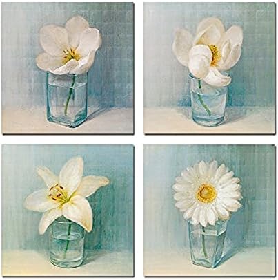 4 Panel Vintage Flower Canvas Wall Art for Living Roomhome Office Decoration Hanging Artmodern Floral Canvas Artworkwhite Lily Daisy Flower Vase Picture Giclee Print on Canvas
