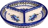 Polish Pottery Ceramika Boleslawiec, 0727/162, Mercedes Divided Platter, 10 3/4 Inches in Diameter, Royal Blue Patterns with Blue Pansy Flower Motif