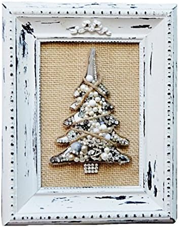 Framed Vintage Jewelry Christmas Tree with Sea Glass Topper and Vintage Rhinestone Trunk