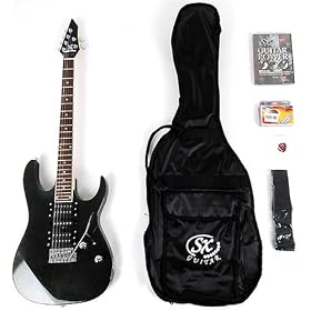 SX IB4K MBK Electric Guitar Package Black w/ Amp, Carry Bag and Instructional DVD