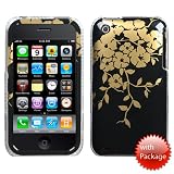 Apple iPhone i-Phone 3G 3G 3G-S 16GB 32GB Black with Gold Floral Flowers Design Reflex Snap-On Cover Hard Case Cell Phone Protector (PLUS FREE ADDITIONAL SCREEN PROTECTOR INCLUDED)