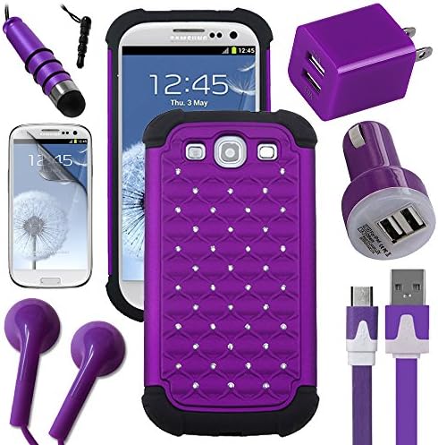 Celkits ® 7 Piece Accessory Bundle. Compatible With: Samsung Galaxy S3, S III, GS3. Kit Includes a Hot Purple Diamond Studs Dual Layer Rugged Case, USB Car Charger Plug, USB Home Charger Plug, USB 2.0 Data Cable, Metallic Stylus Pen, Stereo Headset & Screen Protector (7 Items) Retail Value: $89.95