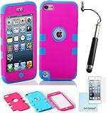 ZAFOORAH® Case Cover for Apple iPod Touch 5 5th Generation Shock proof Impact Defender +Free Stylus+Screen Protector+Microfiber Cloth (Double Clip 3 Layers - DARK PINK/LIGHT BLUE)