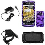 iNcido Brand LG Optimus S LS670 Combo Purple/Black Zebra Protective Case Faceplate Cover + Black Horizontal Leather Pouch + Home Wall Charger + Rapid Car Charger for LG Optimus S LS670