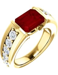 10K Yellow Gold 9.00x7.00mm Emerald Cut Chatham Created Ruby and Diamond Ring -- LIFETIME WARRANTY