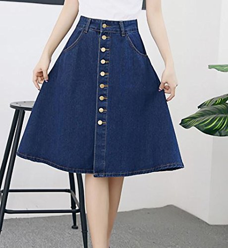(ALLURE) デニム スカート ミモレ丈 ひざ丈 Aライン フレア フロントボタン シンプル 無地 ブルー AF0510