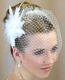 WHITE Feather Bridal Rhinestone Headpiece Cage Veil with Clip