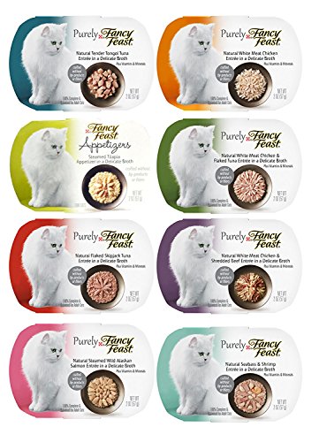 Fancy Feast Appetizers Variety Pack - 8 Flavors (Steamed Wild Alaskan Salmon, White Meat Chicken, Seabass & Shrimp, White Meat Chicken & Flaked Tuna, Tender Tongol Tuna, White Meat Chicken & Shredded Beef, Steamed Tilapia, and Flaked Skipjack Tuna) - 2 Ounces Each (8 Total Appetizers)
