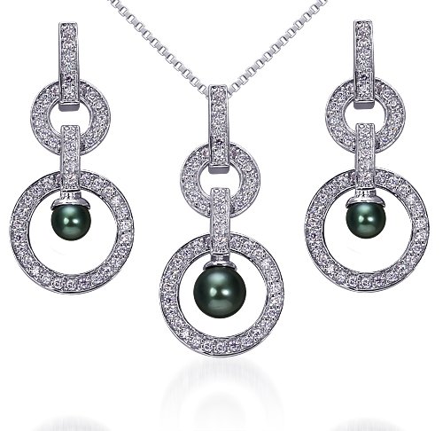 Modern and Chic: Sterling Silver Cascading Circles with CZ and Grey Cultured Pearl Pendant Necklace and Earring Set