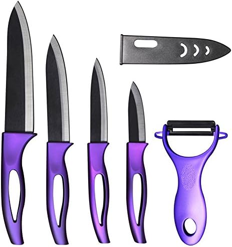 UTimHome Premium Ceramic Knife, Multi-Color Set, Blade Kitchen Knives with Sheath Protector - 6" Chef Knife, 5" Utility (Slicing), 4" Fruit Knife, 3" Paring, Vegetable Peeler (Purple &amp; Black)