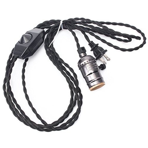 KINGSO E26/ E27 Solid Industrial Light Socket Vintage Edison Hanging Textile Cord Pendant Light Kit Cord with Dimmer Switch And 11.48 Feet Cord UL Listed(Black Color)
